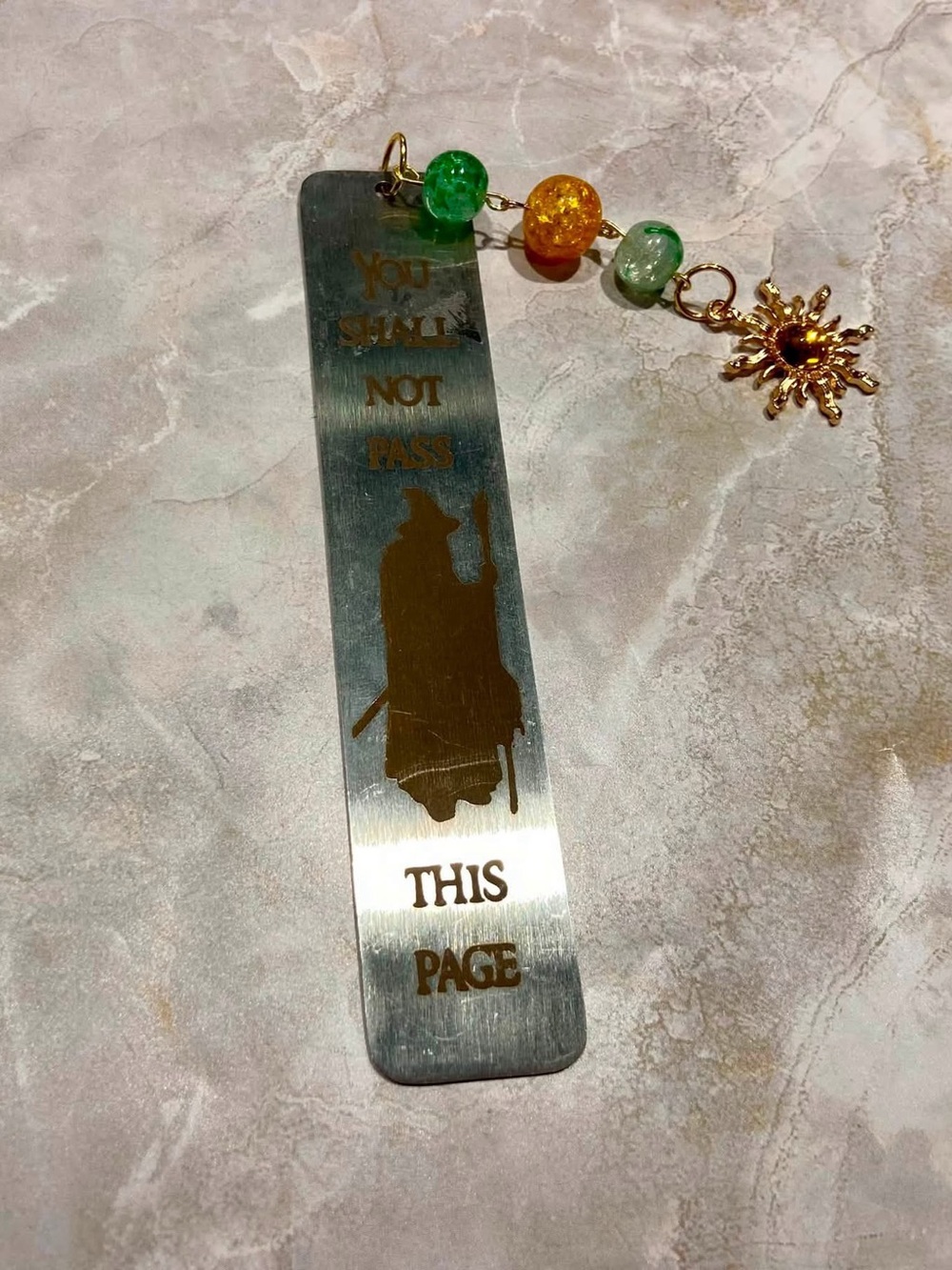 Hand Crafted Gold Tone Wizard Bookmark with Green and Amber Beads